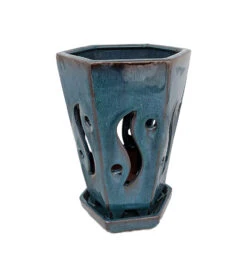 High Style Ceramic Orchid Pot/Saucer - 6 1/8" X 8" - Dark Moss Green Hexagon