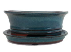 Ceramic Bonsai Pot/Saucer - Dark Moss GreenOval - 6 1/8" X 4 1/2" X 2"