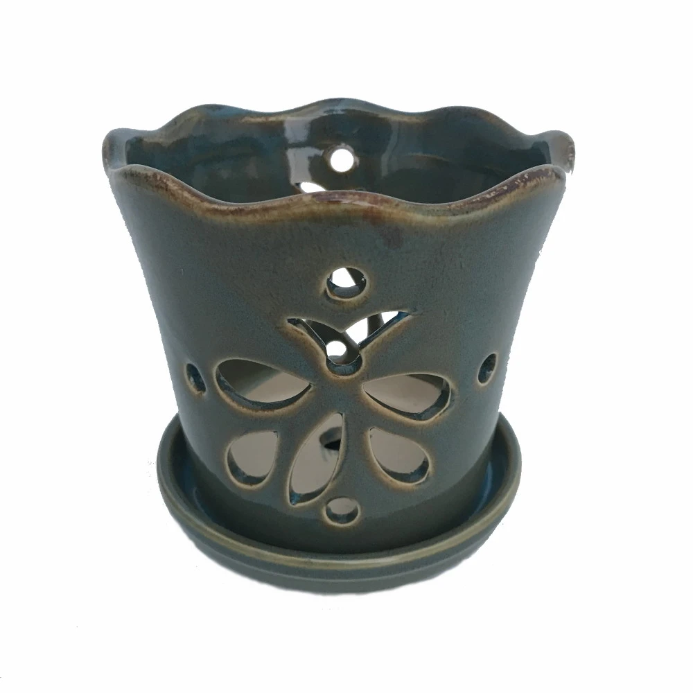 Butterfly Ceramic Orchid Pot/Saucer 5" X 5" - Ocean Teal - #50248 1 Butterfly Ceramic Orchid Pot/Saucer 5" X 5" - Ocean Teal - #50248