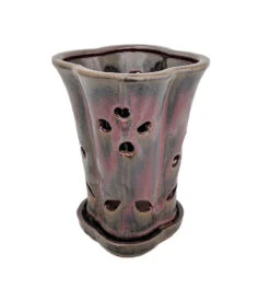 High Style Ceramic Orchid Pot/Saucer - 6 1/8" X 8" - Oxblood Red Flower