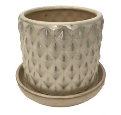 Diamond Pearl Ceramic Pot With Attached Saucer - 4.5" X 4.25"