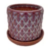 Diamond Red Ceramic Pot With Attached Saucer - 4.5" X 4.25"