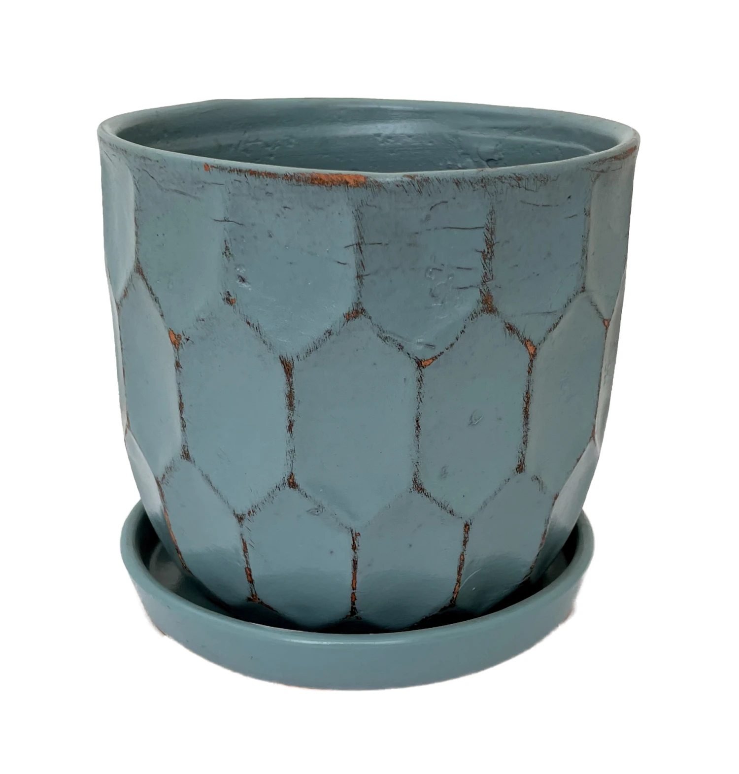 Distressed Honeycomb Ceramic Planter With Attached Saucer - Sky - 5.5" X 5.5" 1 Distressed Honeycomb Ceramic Planter With Attached Saucer - Sky - 5.5" X 5.5"