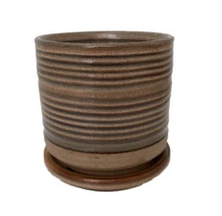 Ellora Ceramic Planter With Attached Saucer - Taupe - 6.75" X 6.5"